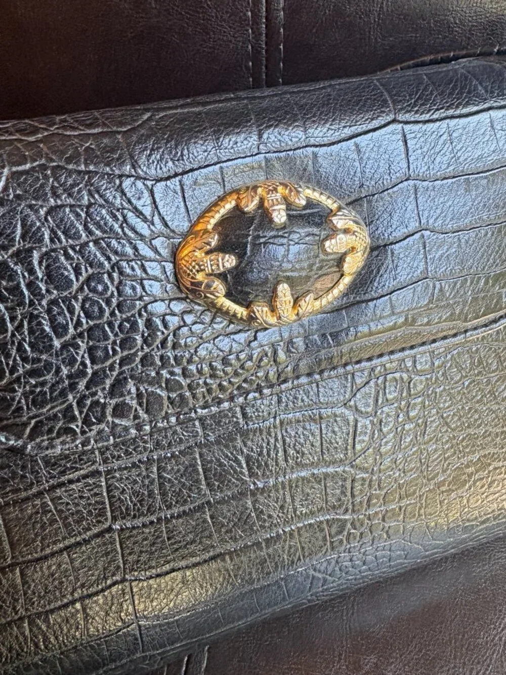 Vintage Star Brand Black Croc Embossed Handbag Gold Crocodile Clasp